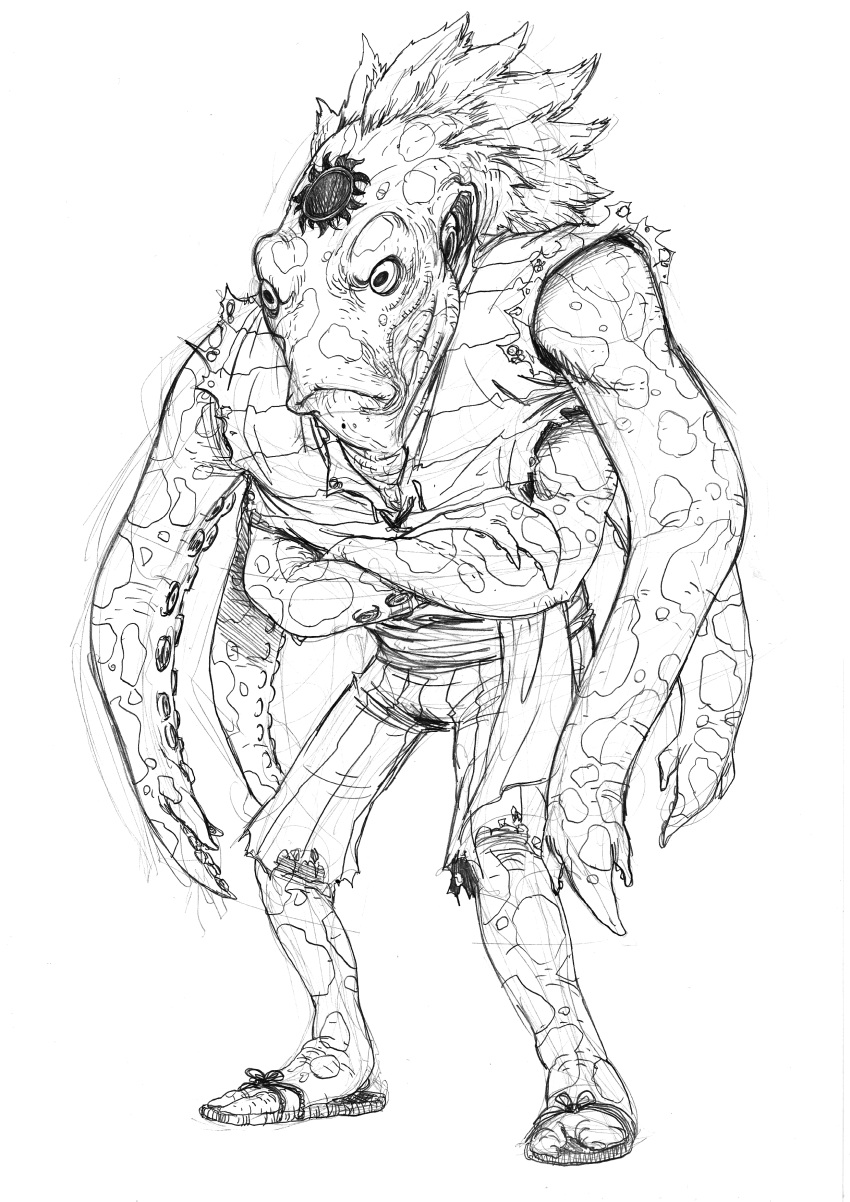 1boy, absurdres, crossed_arms, electrocereal, english_commentary, frown, full_body, greyscale