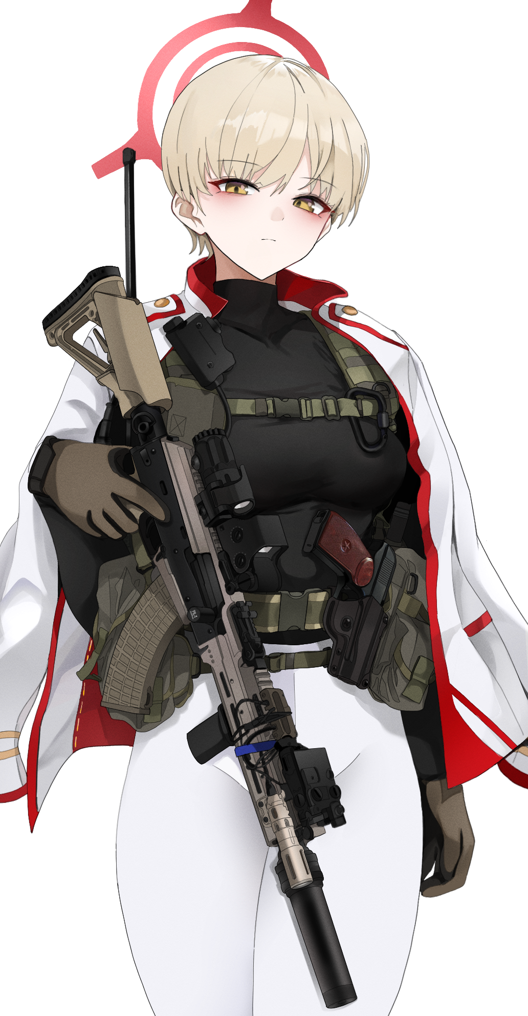 1girl, assault_rifle, belt, blonde_hair, blue_archive, breasts, brown_gloves, coat_over_head, eyeliner, fte_(fifteen_199), gloves, gun, halo, handgun, highres, holding, holding_gun, holding_weapon, holster, holstered, jacket, looking_at_viewer, makeup, marina_(blue_archive), rifle, short_hair, simple_background, solo, weapon, white_background, yellow_eyes