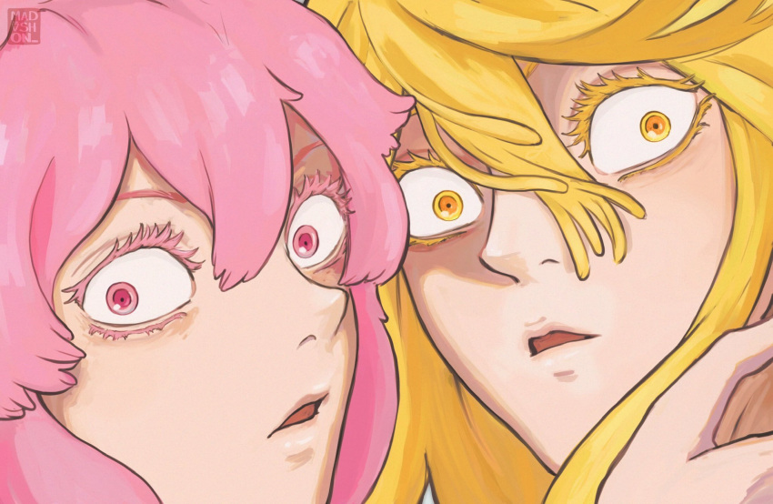 2girls, blonde_hair, constricted_pupils, hair_between_eyes, highres, jigokuraku, ju_fa, long_hair