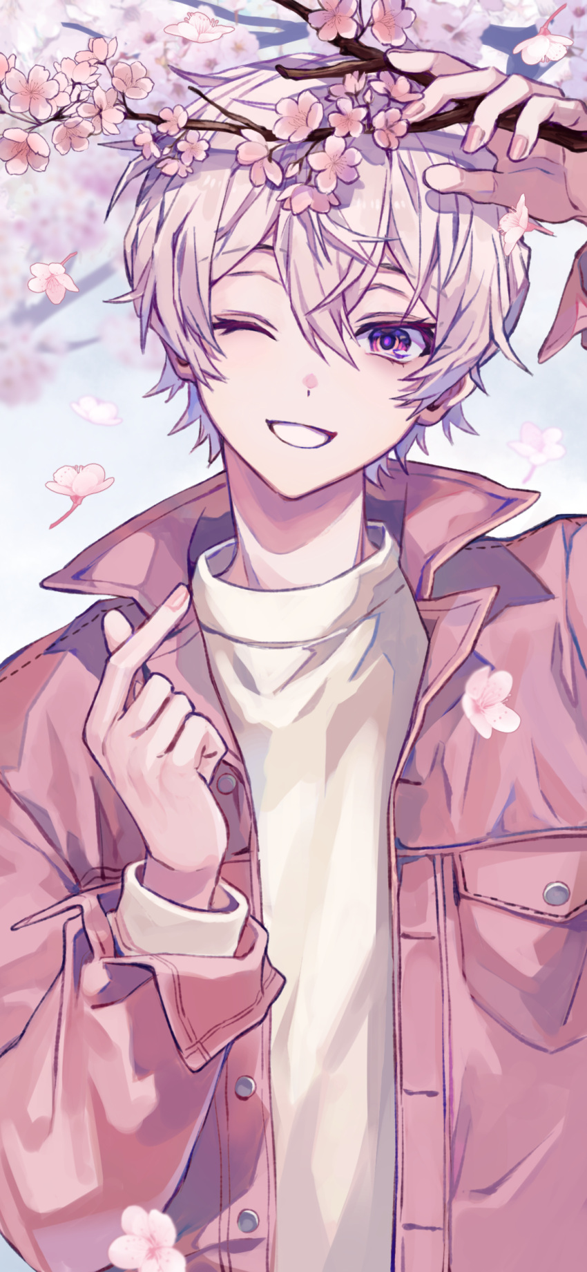 1boy, ;d, absurdres, ayane_leon, blurry, blurry_background, branch, breast_pocket, buttons, cherry_blossoms, creepyday, falling_flower, falling_petals, finger_heart, flower, hand_up, head_tilt, highres, holding, holding_branch, jacket, looking_at_viewer, male_focus, one_eye_closed, petals, piece_a_part, pink_flower, pink_hair, pink_jacket, pink_nails, pocket, shirt, short_hair, smile, solo, straight-on, upper_body, violet_eyes, virtual_youtuber, white_shirt