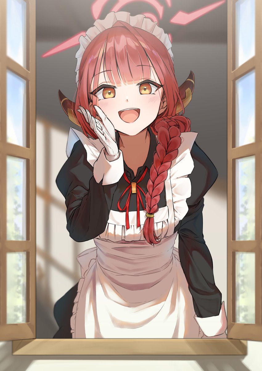 1girl, alternate_costume, alternate_hairstyle, apron, aru_(blue_archive), black_dress, blue_archive, braid