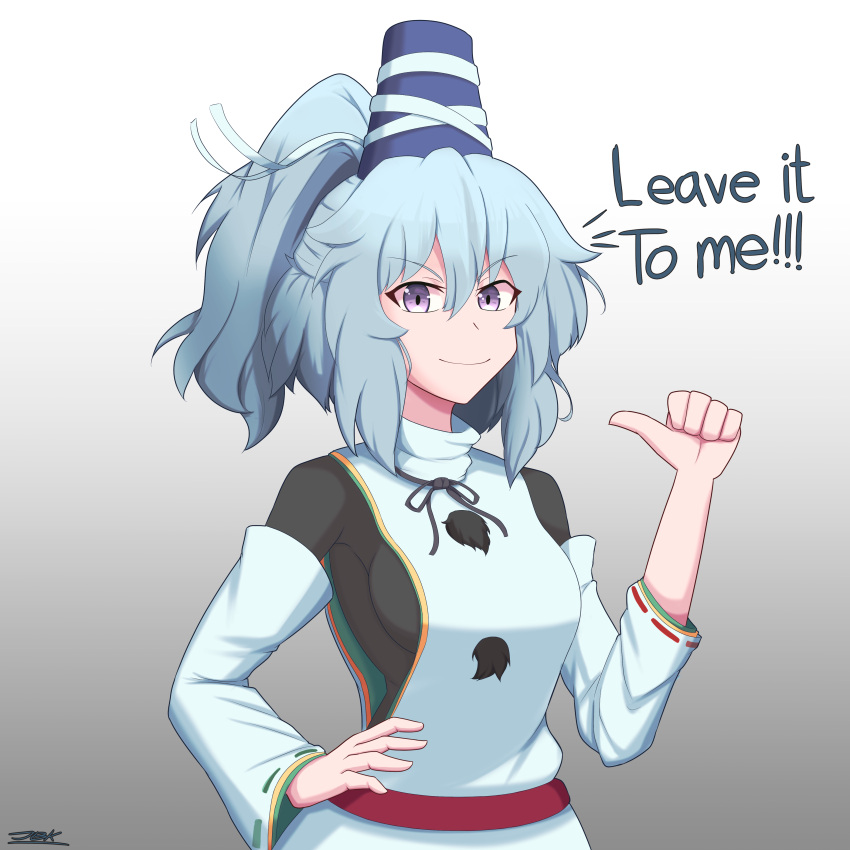 1girl, absurdres, blue_headwear, closed_mouth, commentary_request, english_commentary, english_text, gradient_background