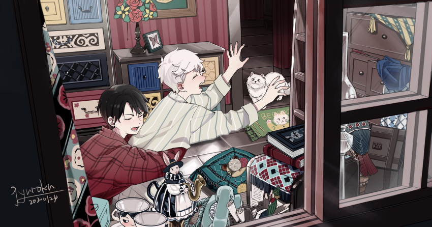 2boys, animal, animal_print, black_hair, book, book_stack, bug, butterfly, cat, cat_print, character_print, chest_of_drawers, commentary, corded_phone, curtains, dated, doormat, english_commentary, facing_to_the_side, floral_print, framed_insect, from_outside, from_side, highres, hug, hug_from_behind, jyuroku_(blacksugar_16), lamp, long_sleeves, male_focus, multiple_boys, night, open_mouth, open_window, original, outstretched_arms, oversized_clothes, pajamas, phone, pillow, playing, profile, rabbit, saucer, scroll, short_hair, signature, sleepwear, tassel, teapot, themed_object, tile_floor, tiles, vase, white_hair, window, wooden_floor