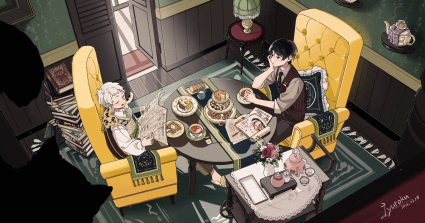 2boys, animal_on_shoulder, armchair, black_hair, black_necktie, black_pants, black_tea, book, book_stack, brown_pants, brown_shirt, cake, cake_slice, cat, cat_on_shoulder, chair, closed_mouth, commentary, creamer_(vessel), cup, cushion, dated, english_commentary, flower, food, from_above, green_necktie, hand_on_own_cheek, hand_on_own_face, hand_up, hands_up, head_rest, highres, holding, holding_newspaper, indoors, jyuroku_(blacksugar_16), lace_trim, lamp, long_sleeves, magazine_(object), male_focus, multiple_boys, necktie, newspaper, open_door, original, outstretched_arm, pants, pink_flower, pink_rose, plate, puffy_long_sleeves, puffy_sleeves, pushcart, railing, reading, red_flower, red_rose, rose, rug, saucer, shirt, short_hair, signature, sitting, sleeves_rolled_up, slippers, stirring, stool, sweater_vest, table, tablecloth, tassel, tea, tea_party, tea_set, teacup, teapot, tiered_tray, vase, vest, waffle, wallpaper_(object), white_hair, white_shirt, wooden_floor