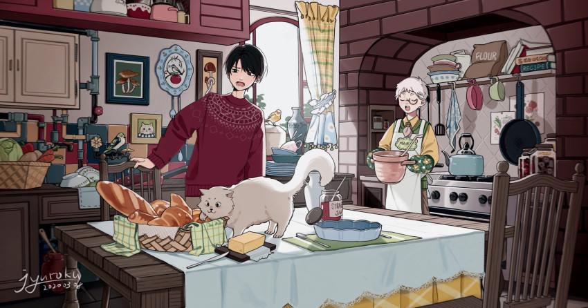 2boys, animal, annoyed, apron, baguette, basket, bird, black_hair