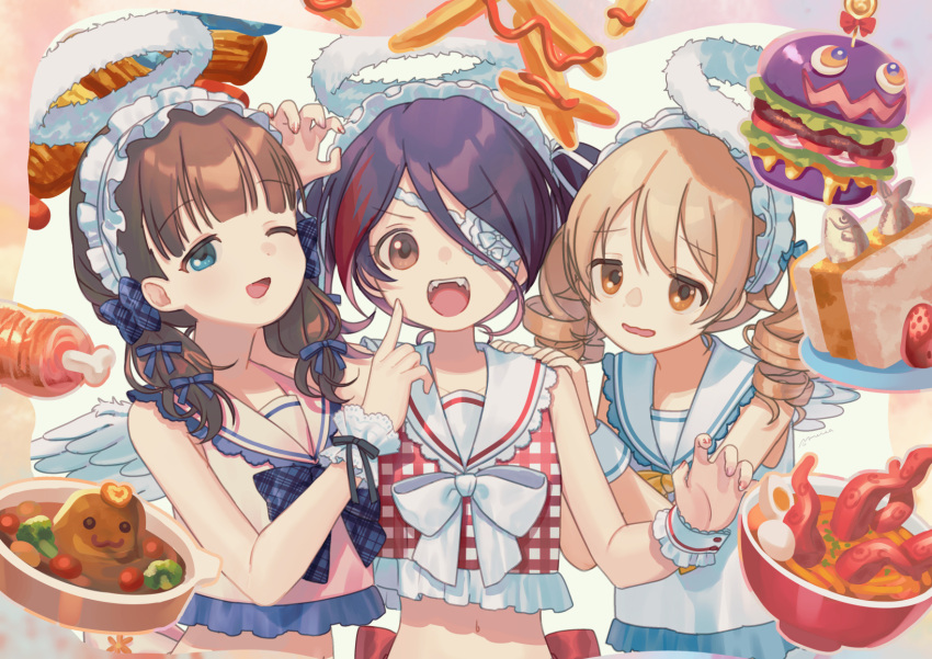 3girls, :3, :d, ;d, angel_wings, arm_support, arm_up, back_bow, bare_arms, bare_shoulders, blonde_hair, blouse, blue_bow, blue_eyes, blue_hair, blunt_bangs, boned_meat, bow, bowl, bowtie, broccoli, brown_eyes, burger, cherry_tomato, claw_pose, collarbone, crop_top, dark_blue_hair, dot_nose, drill_hair, egg_(food), eyepatch, fake_halo, fake_wings, fangs, feathered_wings, finger_to_another's_cheek, finger_to_cheek, fish, food, food-themed_background, food_art, french_fries, frilled_hairband, frilled_shirt, frills, fruit, fur_halo, furrowed_brow, hair_between_eyes, hair_bow, hair_strand, hairband, halo, hand_up, hands_on_another's_shoulders, hardboiled_egg, hayasaka_mirei, heart-shaped_food, highres, idolmaster, idolmaster_cinderella_girls, idolmaster_cinderella_girls_starlight_stage, index_finger_raised, ketchup, light_brown_hair, lolita_hairband, long_hair, looking_at_viewer, low_twintails, meat, meisa, midriff, morikubo_nono, multicolored_hair, multiple_girls, multiple_hair_bows, nail_polish, navel, nervous_smile, noodles, one_eye_closed, one_eye_covered, open_mouth, parted_lips, pink_shirt, plaid, plaid_bow, plaid_bowtie, plaid_shirt, purple_hair, quad_tails, ramen, red_bow, red_shirt, ribbon, sailor_collar, sailor_shirt, sakuma_mayu, sandwich, shirt, side-by-side, signature, sleeveless, sleeveless_shirt, smile, straight-on, strawberry, streaked_hair, swept_bangs, teeth, tentacles, tomato, twintails, under_the_desk_(idolmaster), upper_body, upper_teeth_only, v-shaped_eyebrows, wavy_mouth, white_bow, white_bowtie, white_hairband, white_ribbon, white_sailor_collar, white_shirt, white_wings, wings, wrist_cuffs