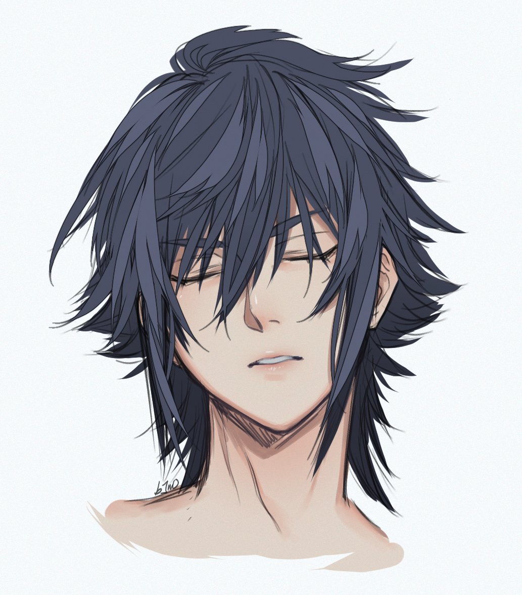 1boy, b1n04, black_hair, closed_eyes, final_fantasy, final_fantasy_xv, hair_between_eyes, head_only