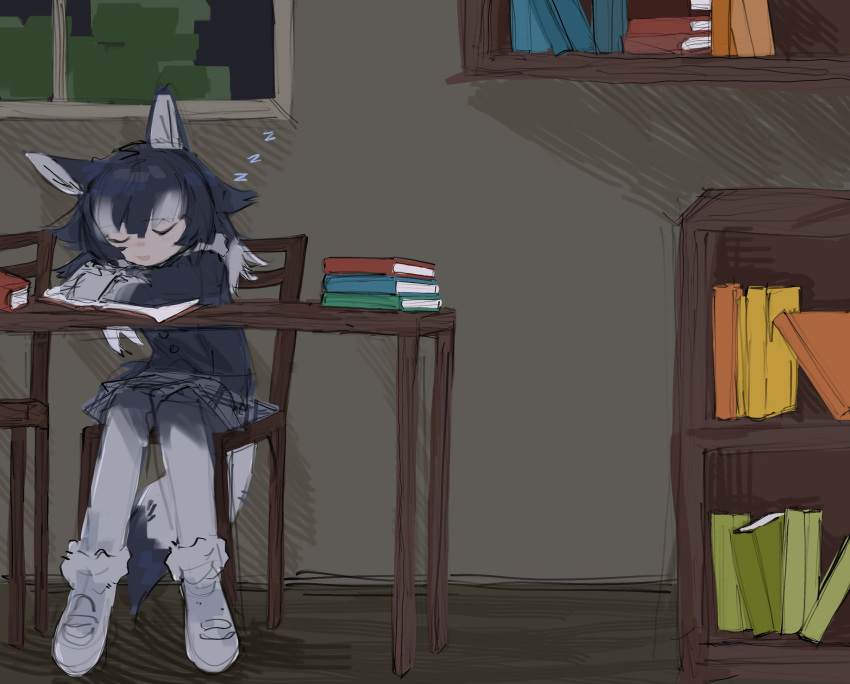 animal_ears, book, bookshelf, chair, closed_eyes, fur_trim, grey_hair, grey_jacket, grey_pantyhose, grey_skirt, grey_wolf_(kemono_friends), highres, jacket, kemono_friends, long_hair, long_sleeves, multicolored_hair, pantyhose, plaid, plaid_skirt, pleated_skirt, ptyynghere, skirt, sleeping, sleeve_cuffs, table, tail, two-tone_hair, two-tone_pantyhose, white_footwear, white_fur, white_hair, white_pantyhose, wolf_ears, wolf_girl, wolf_tail, zzz