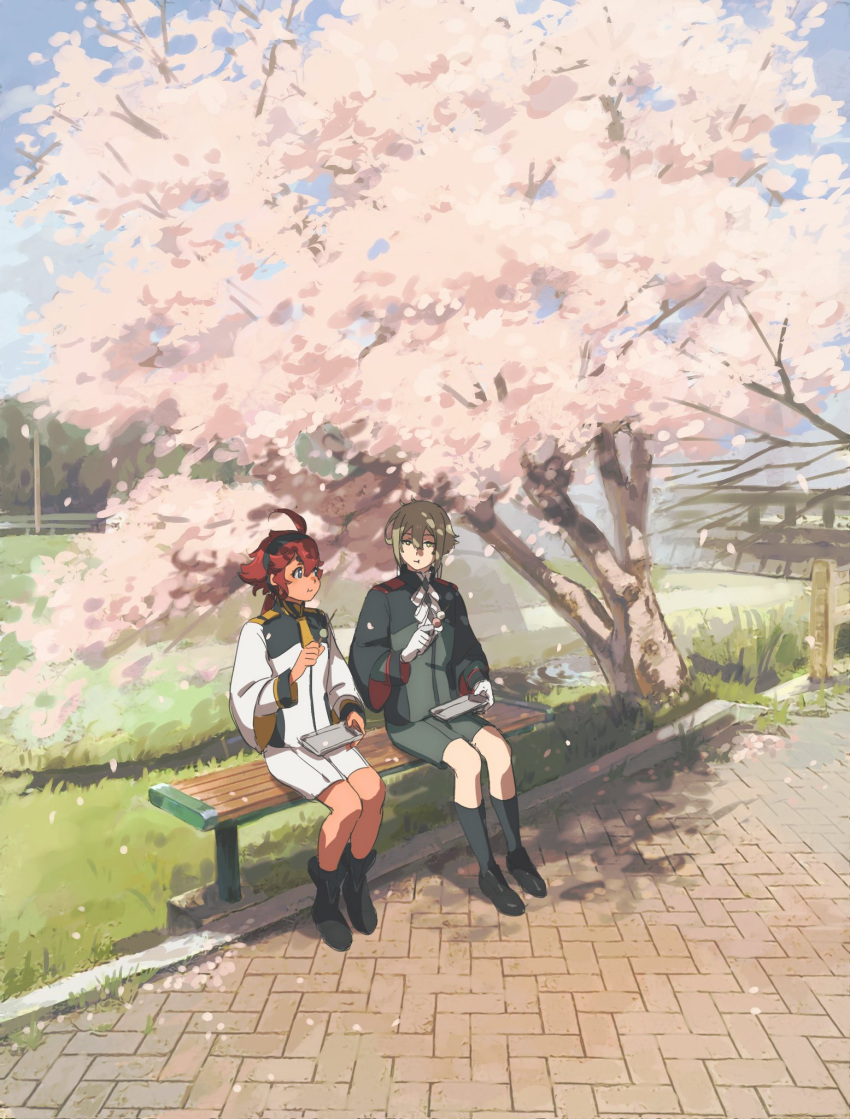 1boy, 1girl, 314pic, ahoge, ascot, asticassia_school_uniform, bench, black_footwear