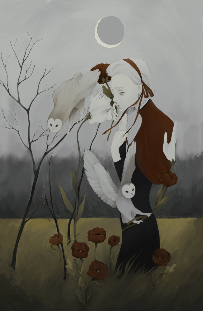 1boy, absurdres, bird, black_dress, clouds, cloudy_sky, crescent_moon, dress