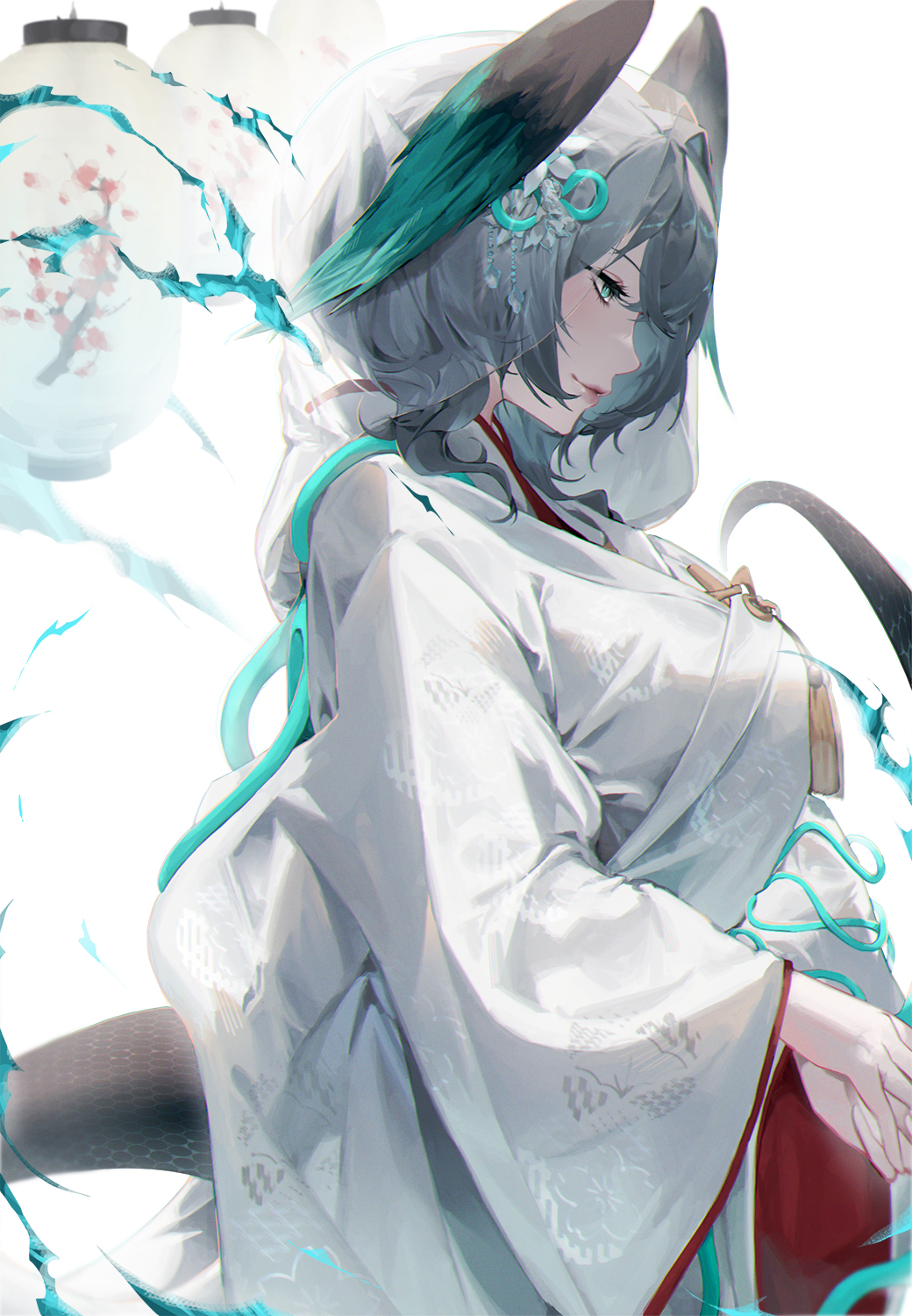 1girl, alternate_costume, aqua_eyes, arknights, breasts, bridal_veil, charo_(morphodrake), closed_mouth, from_side, grey_hair, hair_ornament, head_wings, highres, ho'olheyak_(arknights), japanese_clothes, kimono, lantern, large_breasts, long_hair, long_sleeves, own_hands_together, paper_lantern, parted_lips, profile, simple_background, smile, solo, tail, tassel, upper_body, veil, white_background, white_kimono, wide_sleeves, wings