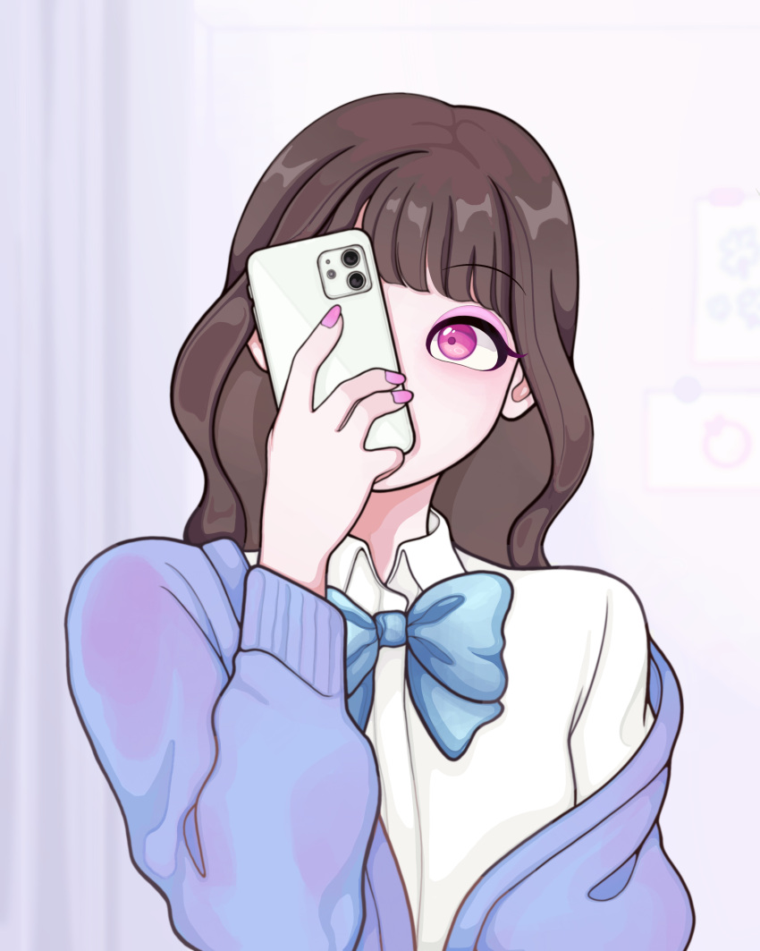 1girl, absurdres, blue_bow, blue_cardigan, bow, brown_hair, cardigan, cellphone, collared_shirt, english_commentary, eyeshadow, head_tilt, highres, lin_(fav_ourlin), long_hair, looking_at_viewer, looking_up, makeup, nail_polish, original, phone, pink_eyes, pink_eyeshadow, pink_nails, portrait, selfie, shirt, smartphone, solo, white_shirt