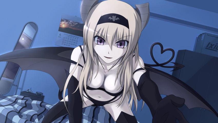 airplane, bed, box, clock, demon_girl, demon_tail, gloves, hairband