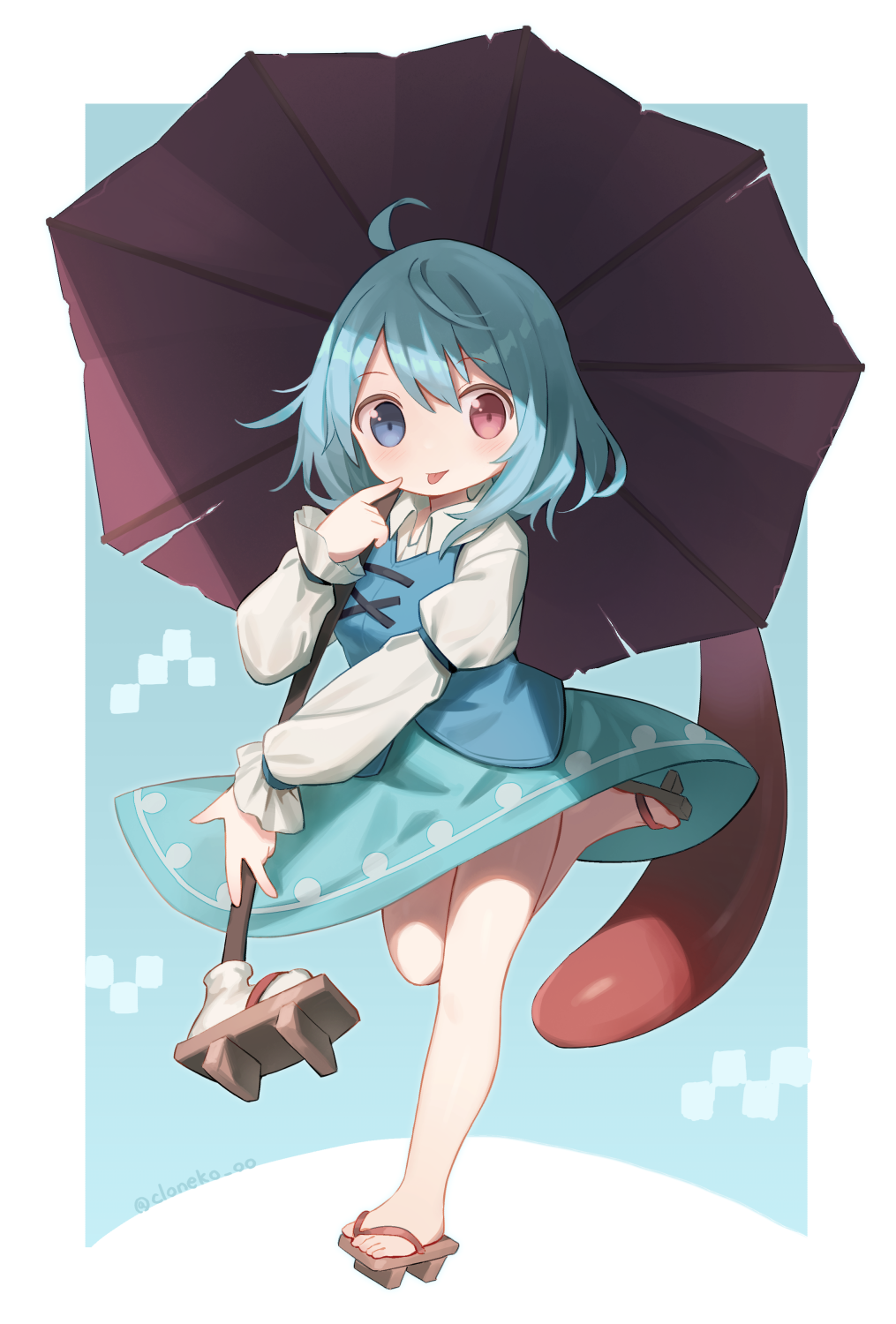 1girl, ahoge, aqua_hair, aqua_skirt, barefoot, blue_eyes, blue_vest, cloneko_(zelmeledf2)