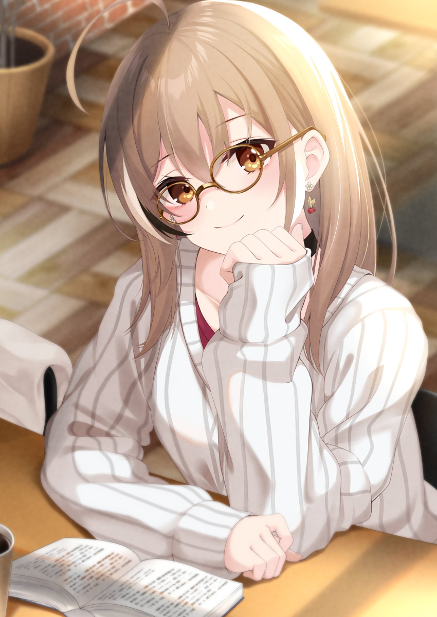 1girl, absurdres, ahoge, berry, black_choker, book, brown_eyes, brown_hair