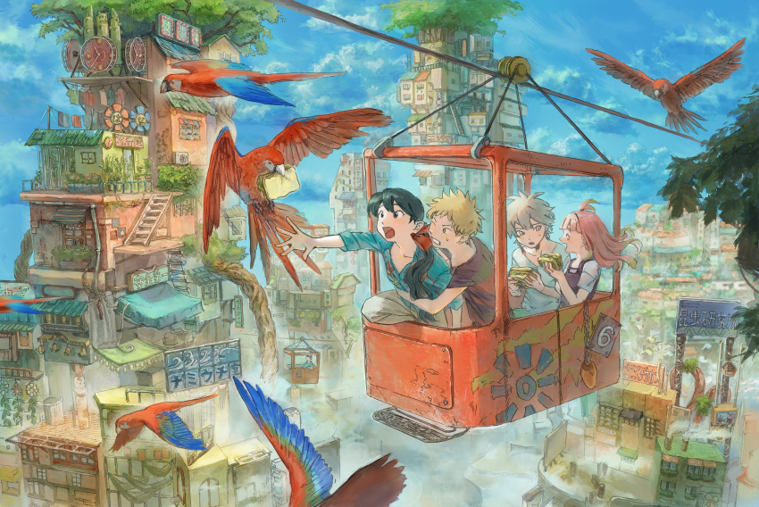 1girl, 3boys, ^_^, absurdres, awning, beak_hold, bird, black_hair