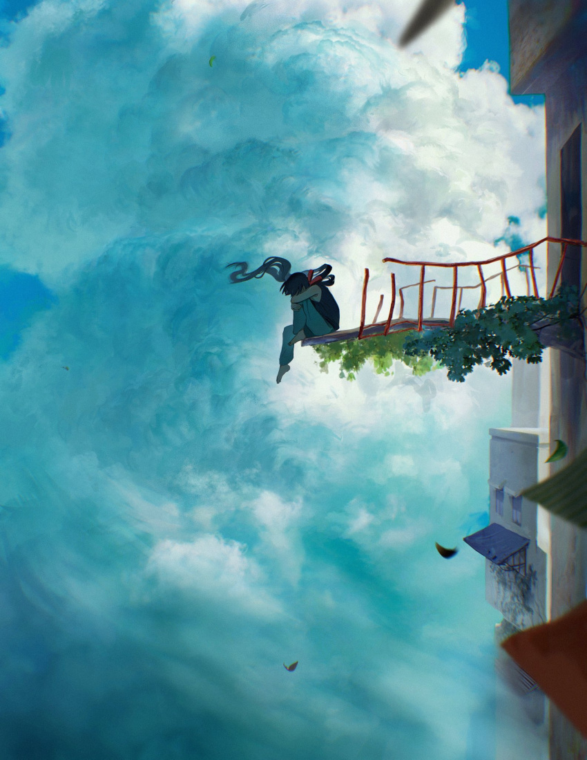 1boy, awning, bare_shoulders, barefoot, black_hair, black_shirt, blurry, chakotata