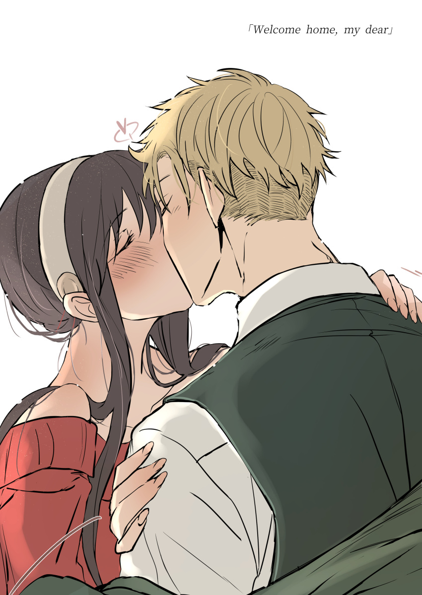 1boy, 1girl, absurdres, bare_shoulders, black_hair, blonde_hair, blush, breasts