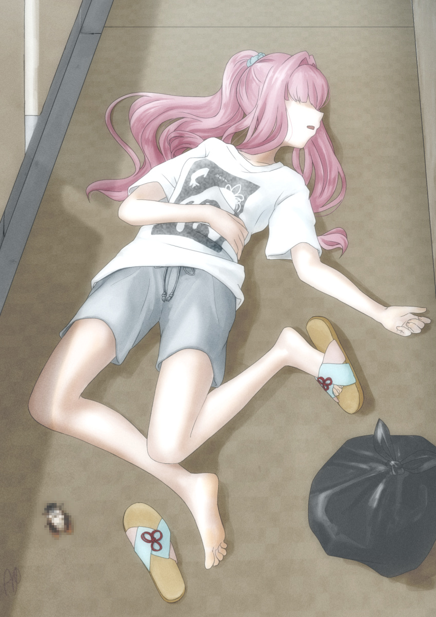 1girl, barefoot_sandals, bug, censored, cicada, collarbone, commentary, corpse