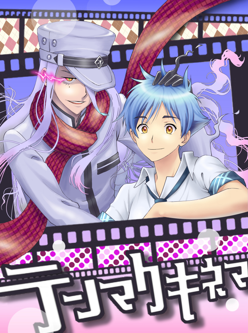 2boys, absurdres, black_gloves, blue_hair, catsox, coat, eye_trail, ghost, gloves, hair_over_one_eye, hajime_shinichi, hat, highres, light_trail, long_hair, long_sleeves, looking_at_viewer, mole, mole_under_eye, multiple_boys, necktie, open_mouth, red_scarf, scarf, shirt, short_hair, short_sleeves, tenmaku_cinema, tenmaku_takahiko, upper_body, white_hair, white_headwear, white_shirt, yellow_eyes