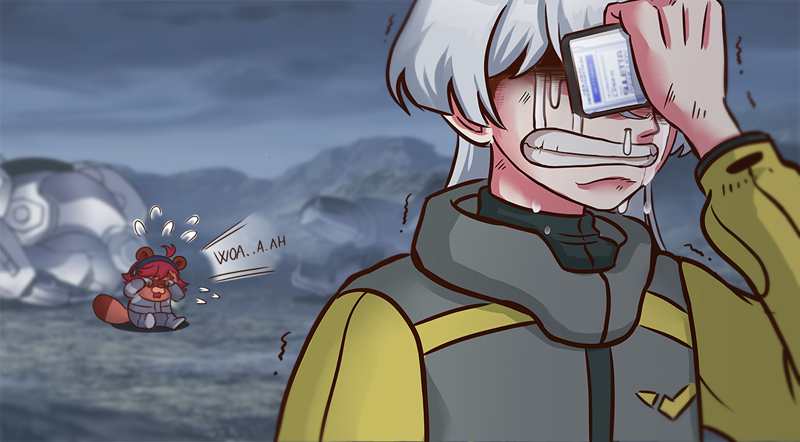 2girls, ahoge, animalization, cellphone, covering_own_eyes, crying, dha_315, grey_hair