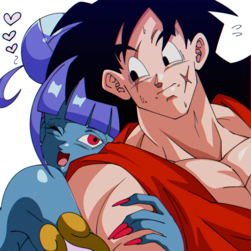1boy, 1girl, arm_hug, black_eyes, black_hair, blue_skin, blunt_bangs, colored_skin, dougi, dragon_ball, dragon_ball_heroes, hair_bun, heart, highres, long_hair, looking_at_another, muscular, muscular_male, nervous, one_eye_closed, open_mouth, purple_hair, red_eyes, red_nails, scar, scar_across_eye, scar_on_cheek, scar_on_face, sidelocks, simple_background, smile, sweat, vidro_(dragon_ball), white_background, yamcha, yuu_(user_ddsz8272)