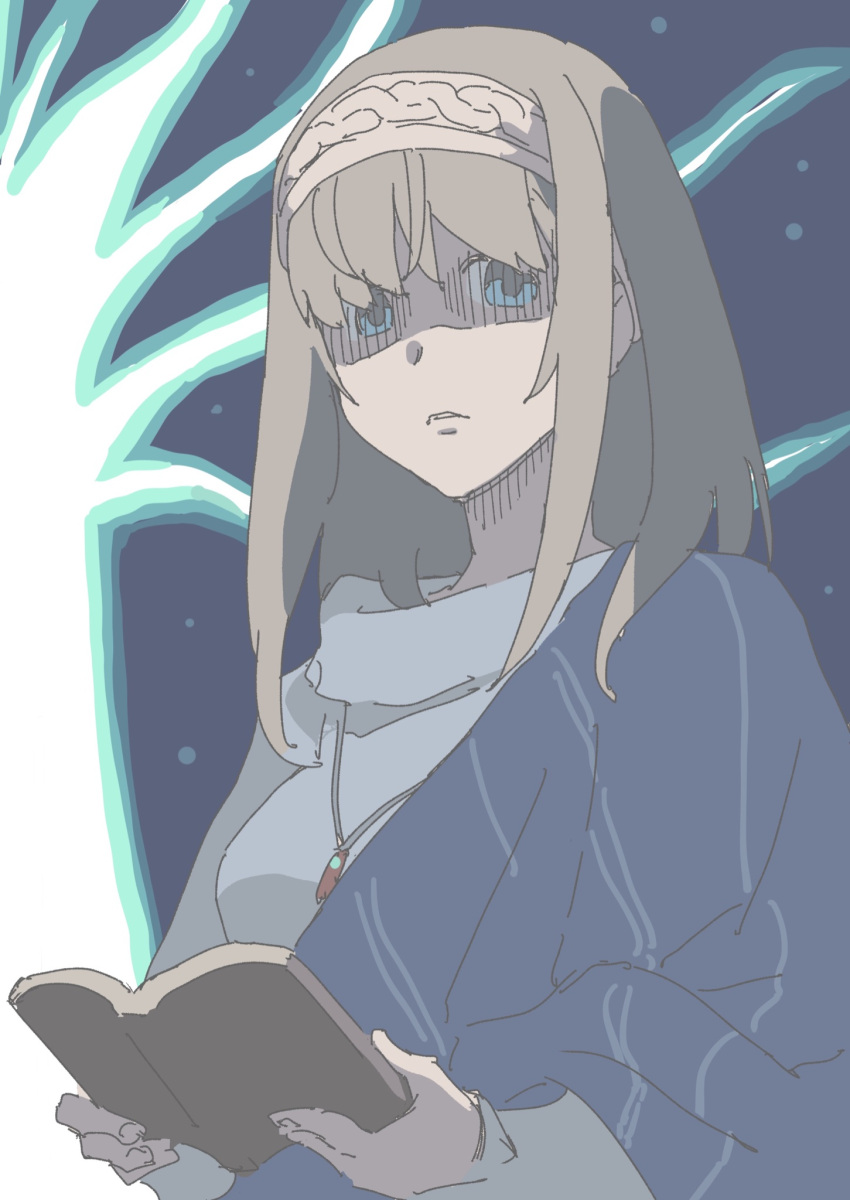 1girl, argyle_hairband, blue_eyes, book, brown_hair, empty_eyes, hair_between_eyes, highres