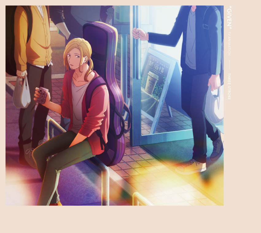 blonde_hair, cafe, can, cardigan, carrying_bag, given, green_pants, guitar_case