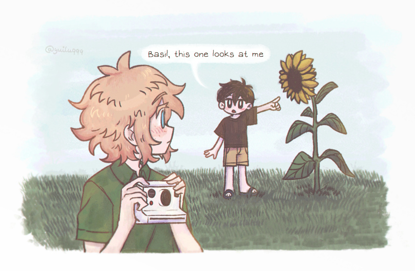 2boys, basil_(omori), black_eyes, black_footwear, black_hair, black_shirt, blonde_hair, blue_eyes, brown_shorts, closed_mouth, collared_shirt, english_text, flower, green_shirt, highres, looking_at_another, multiple_boys, omori, open_mouth, pointing, sandals, shirt, short_hair, shorts, speech_bubble, standing, sunflower, sunny_(omori), yuilu_(yuiluqqq)