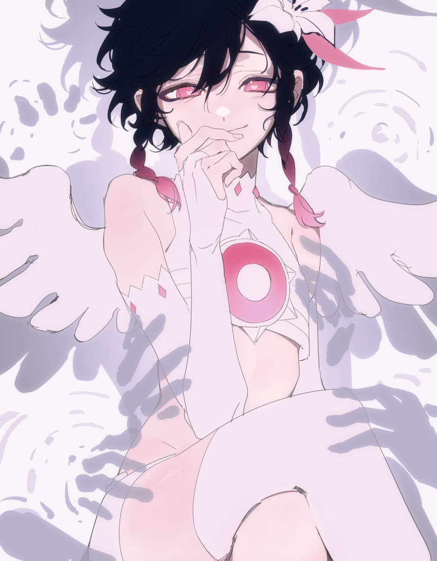 1boy, alternate_color, black_hair, braid, bridal_gauntlets, commentary, crop_top, crossed_legs