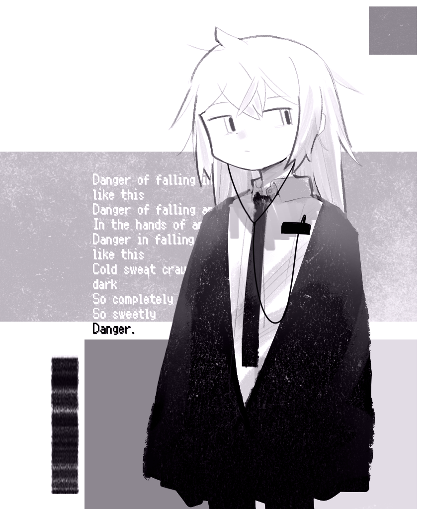 1girl, abstract_background, black_jacket, black_necktie, ccg, earphones, english_text, girls_frontline, greyscale, jacket, listening_to_music, lyrics, m200_(girls'_frontline), medium_hair, monochrome, necktie, text_background, two-tone_background