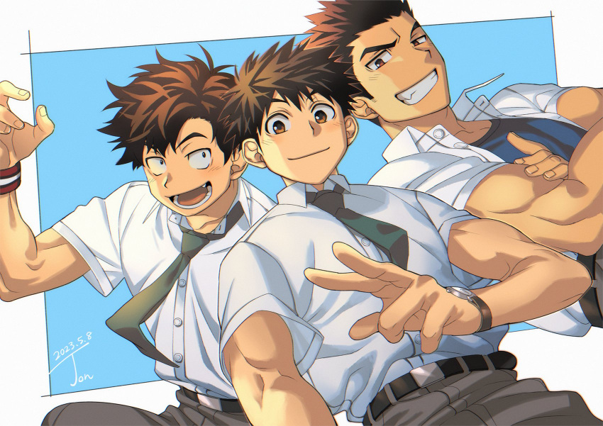 3boys, blue_background, border, brown_eyes, brown_hair, buttons, collared_shirt, copyright_request