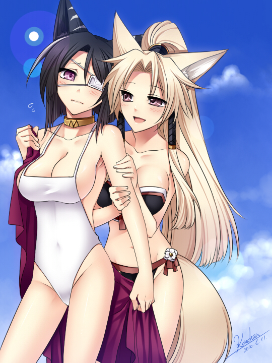 animal_ears, arm_hug, bikini, black_hair, blonde_hair, breasts, casual_one-piece_swimsuit, cleavage