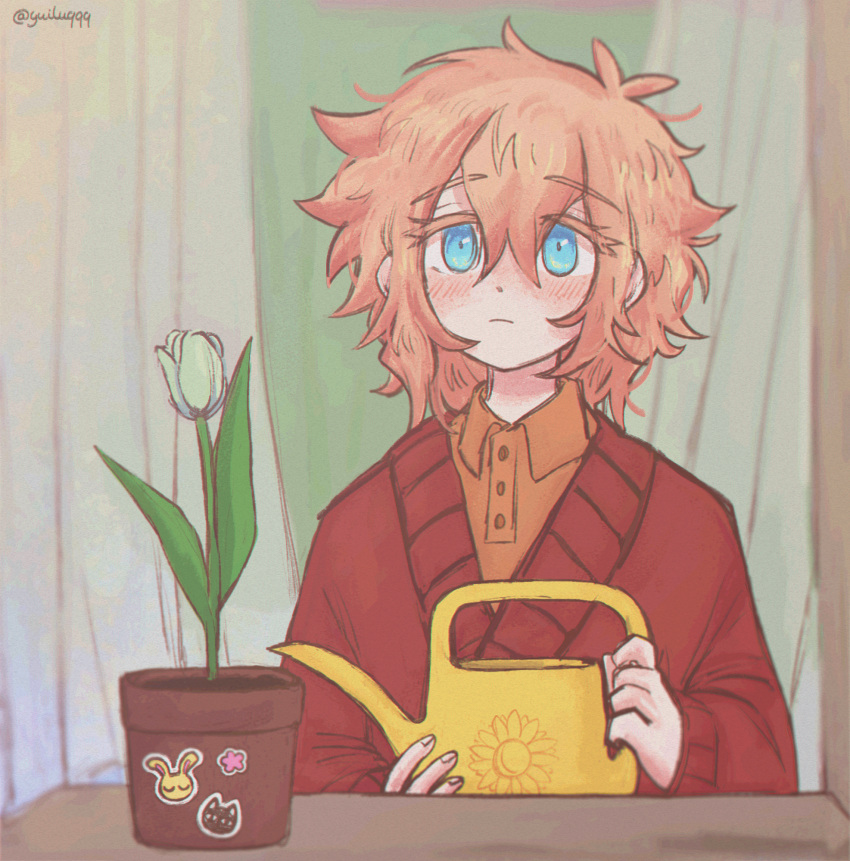 1boy, basil_(omori), blonde_hair, blue_eyes, blush, closed_mouth, collared_shirt, flower