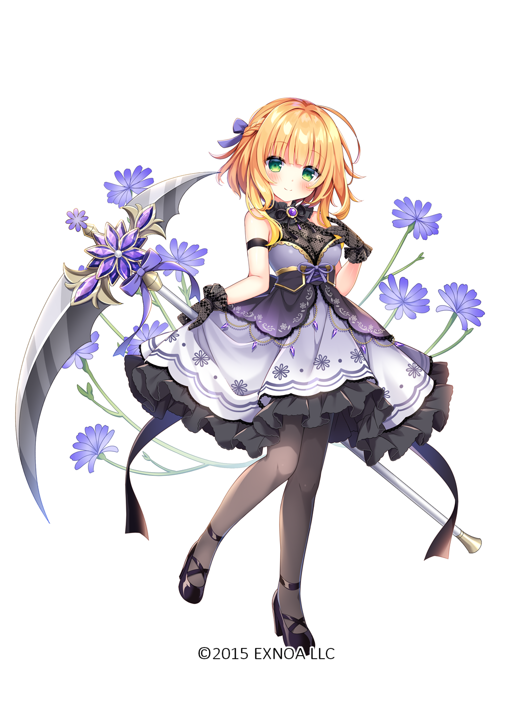 1girl, armlet, black_bow, black_footwear, black_gloves, blonde_hair, blush, bow, braid, breasts, brooch, chicory_(flower), chicory_(flower_knight_girl), closed_mouth, dot_nose, dress, flower_knight_girl, full_body, gloves, green_eyes, grey_pantyhose, hair_bow, hair_intakes, highres, holding, holding_scythe, jewelry, looking_at_viewer, medium_breasts, name_connection, object_namesake, official_art, pantyhose, purple_bow, purple_dress, scythe, shoes, short_hair, simple_background, smile, solo, standing, standing_on_one_leg, umeko_machi, white_background