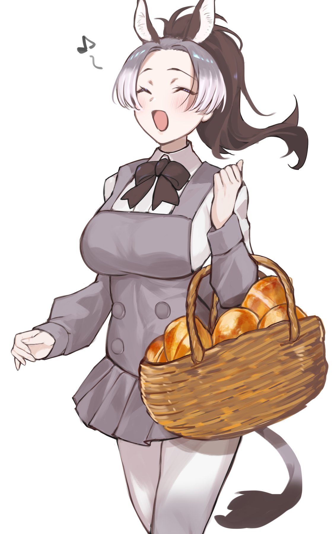 1girl, a888_n22, apron, basket, black_bow, black_bowtie, blush, bow