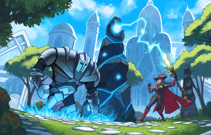 1girl, absurdres, architecture, blue_fire, blue_hair, bodysuit, boots, breasts