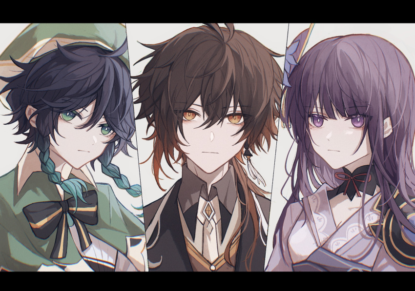 1girl, 2boys, black_bow, black_bowtie, black_hair, bow, bowtie, braid, brown_hair, chinese_clothes, collared_shirt, earrings, genshin_impact, glaring, green_eyes, green_hair, hair_down, hair_ornament, hat, highres, japanese_clothes, jewelry, long_hair, looking_at_viewer, mole, mole_under_eye, multicolored_hair, multiple_boys, orange_eyes, purple_hair, raiden_shogun, shirt, short_hair, simple_background, single_earring, twin_braids, venti_(genshin_impact), violet_eyes, yamainonuma, zhongli_(genshin_impact)