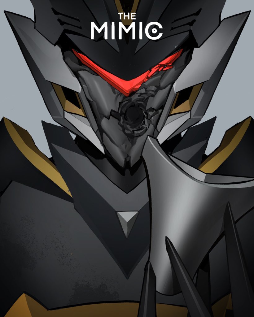 assault_visor, bullet_hole, damaged, grey_background, holding, holding_mask, kamitoge_supino, mask