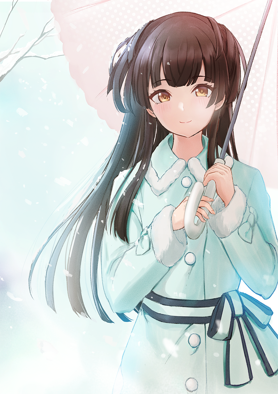 1girl, black_hair, blunt_bangs, blush, bow, breasts, brown_eyes, closed_mouth, coat, dot_nose, dress_bow, fran_(yuliwei2012), fur-trimmed_coat, fur-trimmed_collar, fur-trimmed_sleeves, fur_trim, green_coat, highres, holding, holding_umbrella, idolmaster, idolmaster_shiny_colors, long_hair, long_sleeves, looking_at_viewer, mayuzumi_fuyuko, medium_breasts, outdoors, pink_umbrella, polka_dot, polka_dot_umbrella, smile, snowing, solo, tree, two_side_up, umbrella, upper_body, winter