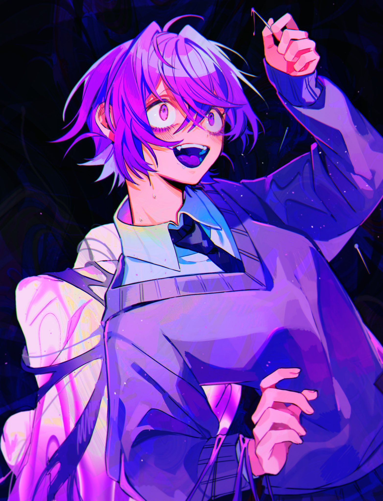 1girl, abnormality_dancin'_girl_(vocaloid), arm_up, black_necktie, blush, collared_shirt, colorful, commentary