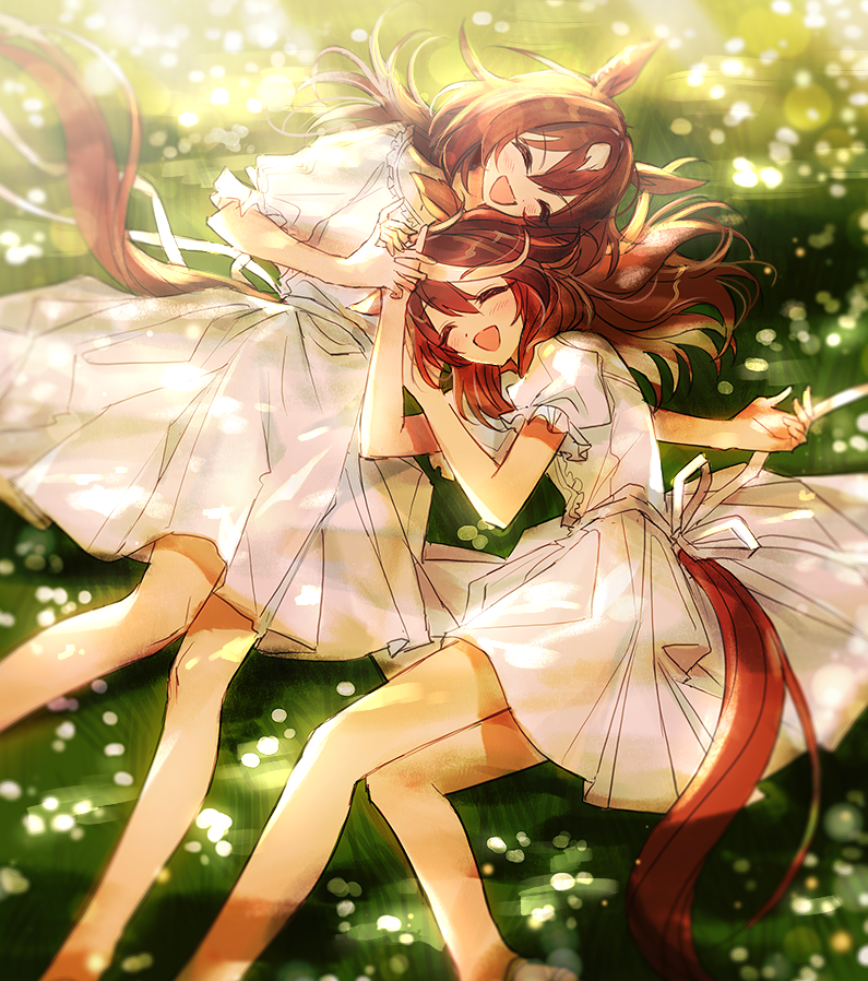2girls, alternate_costume, animal_ears, blush, brown_hair, closed_eyes, didi_(whaqlrpwjd), dress, feet_out_of_frame, frilled_dress, frills, grass, holding_hands, horse_ears, horse_girl, horse_tail, long_hair, lying, multicolored_hair, multiple_girls, on_back, on_side, open_mouth, short_sleeves, sirius_symboli_(umamusume), smile, streaked_hair, sunlight, symboli_rudolf_(umamusume), tail, umamusume, white_dress