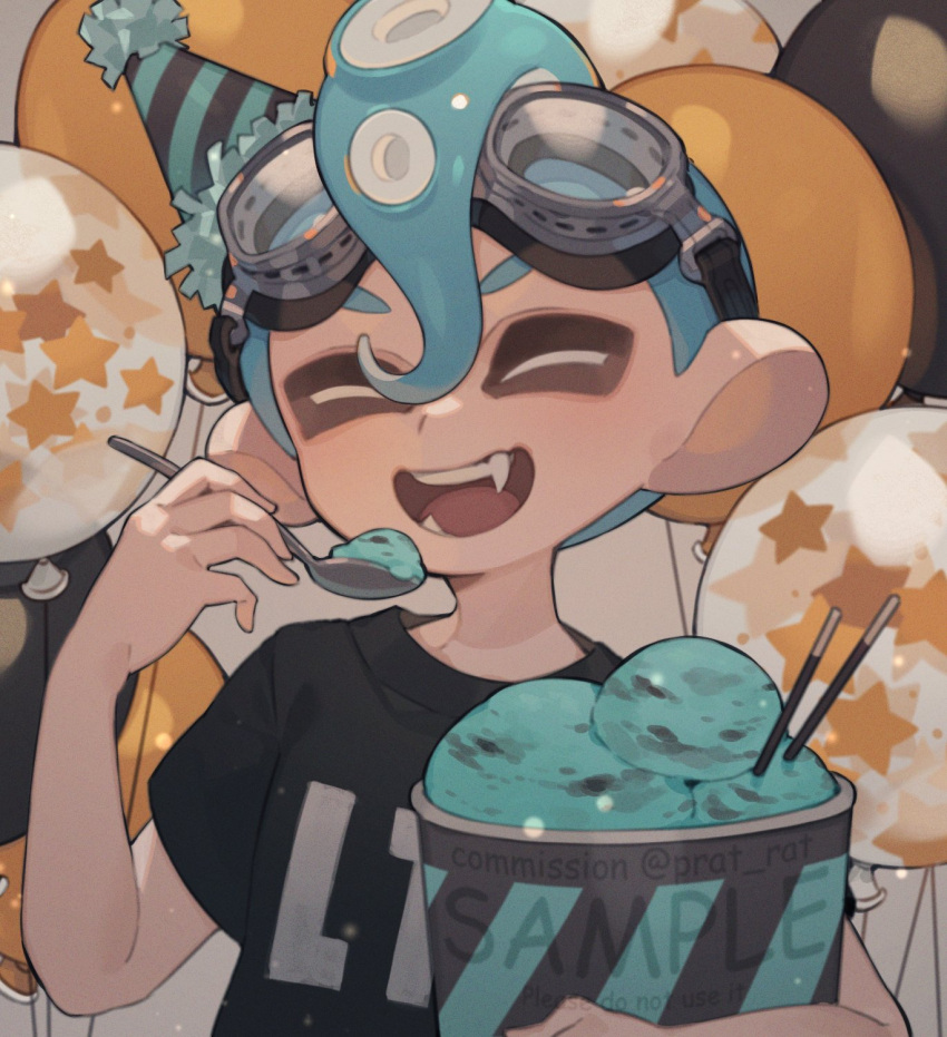 1boy, balloon, birthday, black_shirt, blue_hair, closed_eyes, commission, eating