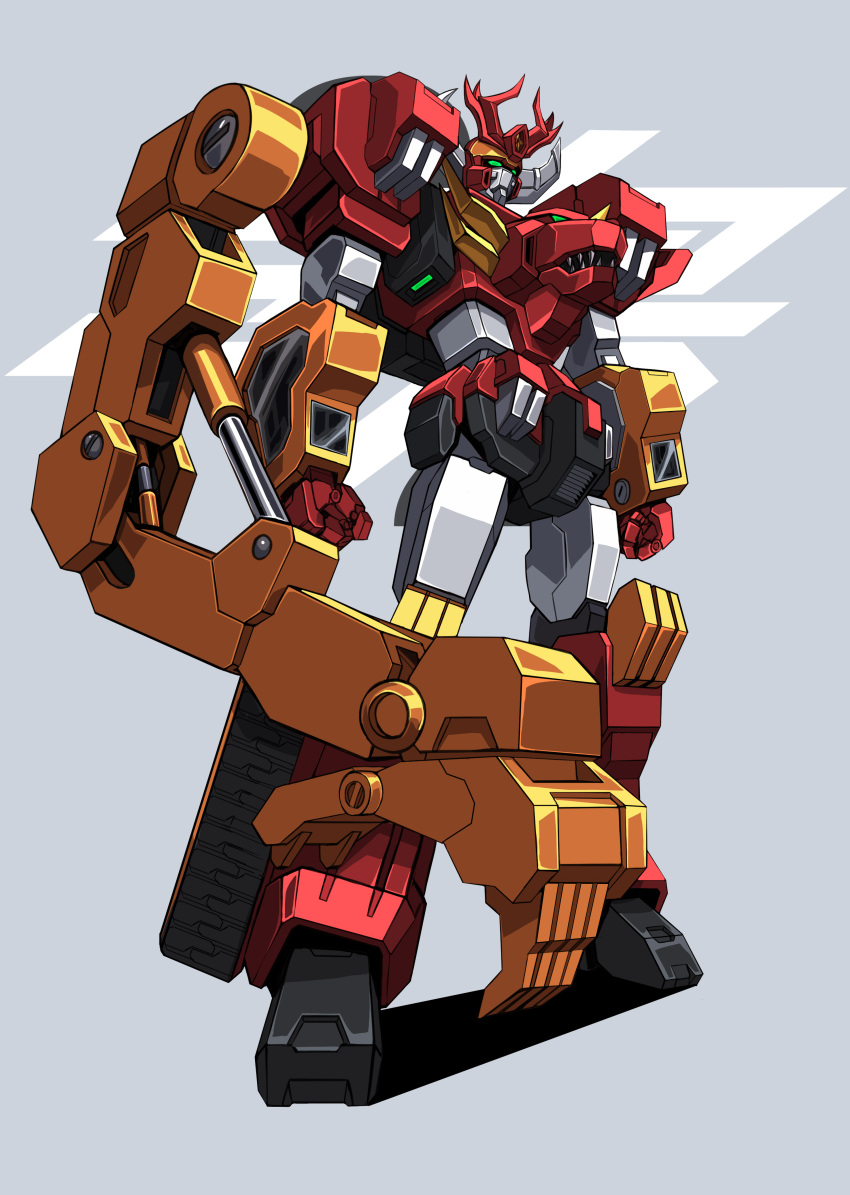3ok, absurdres, caterpillar_tracks, clenched_hand, crane_(machine), full_body, green_eyes, grey_background