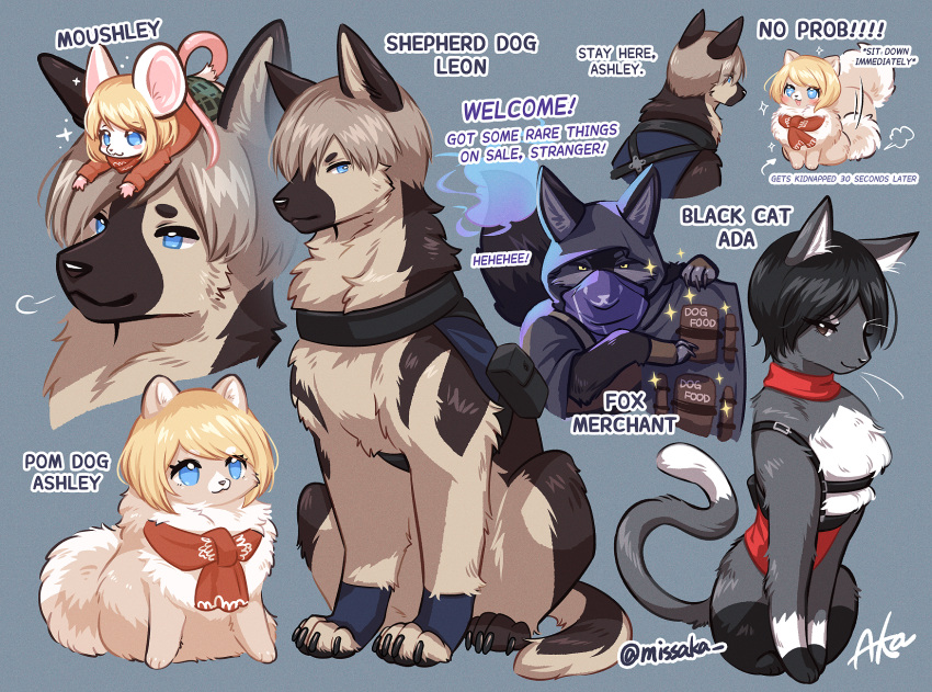 2boys, 2girls, ada_wong, animalization, ashley_graham, blue_eyes, brown_eyes, cat, chest_harness, cloak, dog, english_commentary, english_text, fox, full_body, german_shepherd, grey_background, harness, highres, hood, hood_up, hooded_cloak, leon_s._kennedy, looking_at_another, looking_at_viewer, mask, merchant_(resident_evil), missaka, mouse, mouth_mask, multiple_boys, multiple_girls, on_head, pomeranian_(dog), red_scarf, resident_evil, resident_evil_4, resident_evil_4_(remake), scarf, short_hair, sigh, signature, sitting, sparkle, sweater, twitter_username, yellow_eyes