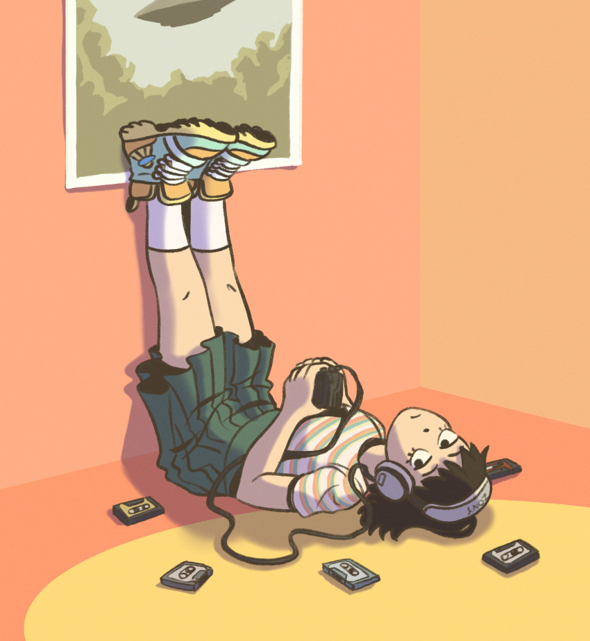 1girl, aalexfletcher, absurdres, black_eyes, black_hair, cassette_player, cassette_tape, closed_mouth