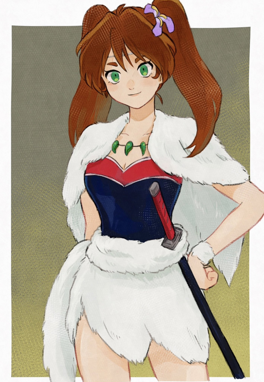 1girl, ayame_(inuyasha), brown_hair, cloak, cowboy_shot, flower, fur_cloak, fur_skirt, fur_trim, green_eyes, hair_flower, hair_ornament, hand_on_own_hip, highres, inuyasha, jewelry, long_hair, looking_at_viewer, necklace, sheath, sheathed, solo, sword, twintails, weapon, wristband, zuchi_wan