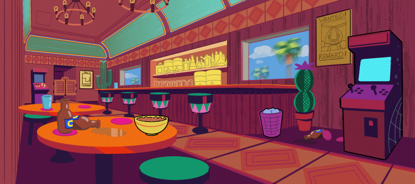 alcohol, arcade_cabinet, bar_(place), beer, beer_bottle, blue_sky, bottle, bowl