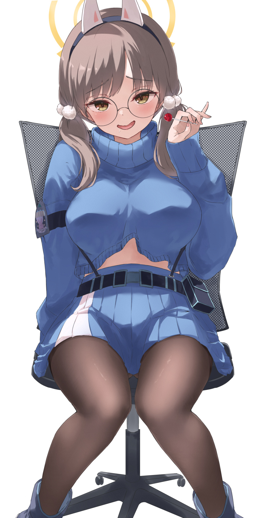 1girl, :d, absurdres, animal_ear_headwear, animal_ears, arm_support, black_pantyhose, blue_archive