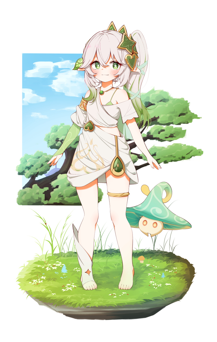 1girl, absurdres, alternate_costume, armlet, barefoot, blue_sky, blurry, braid
